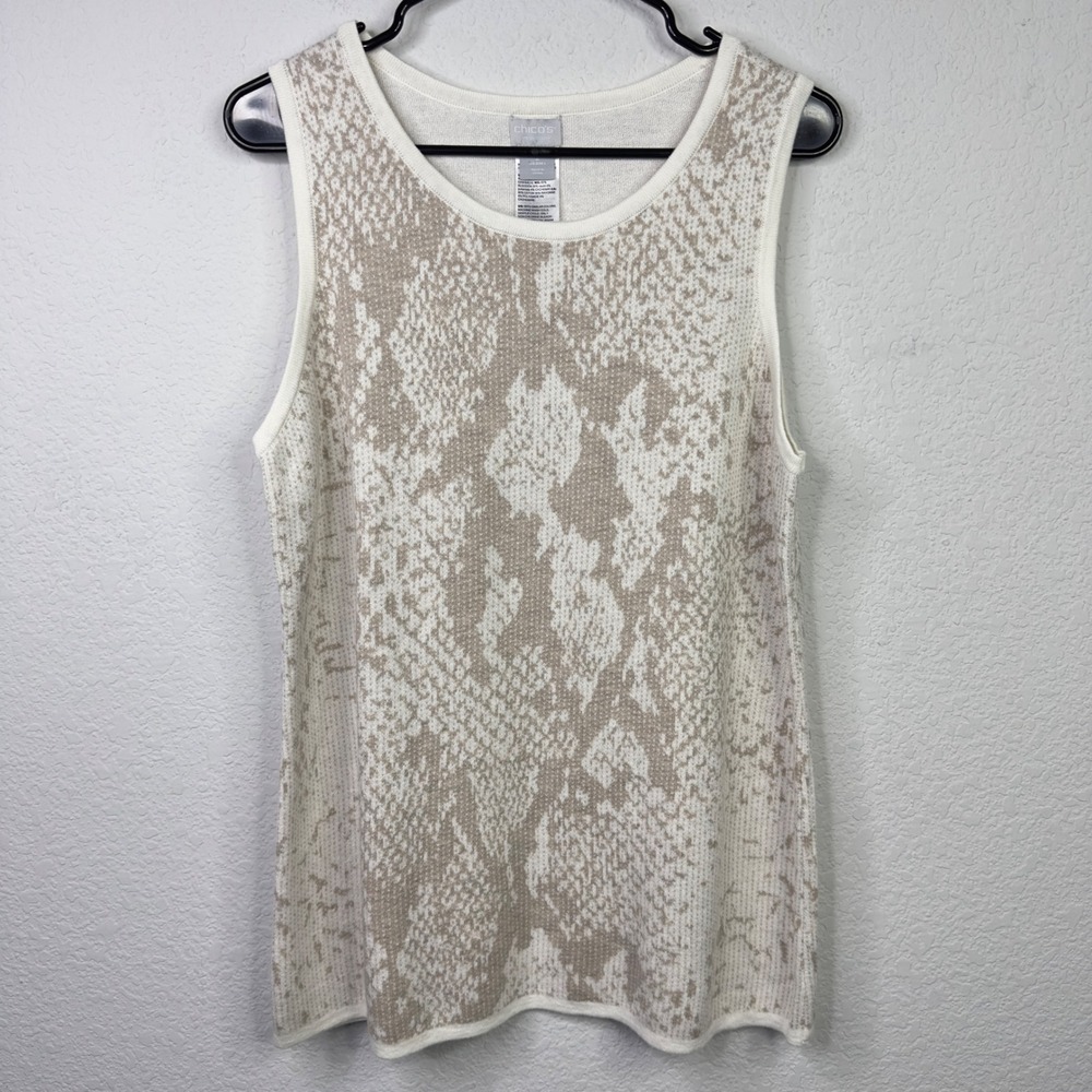 Chico's Zenergy Tank Top Womens 2/L‎ White Snakeskin Cashmere Blend Knit Luxury